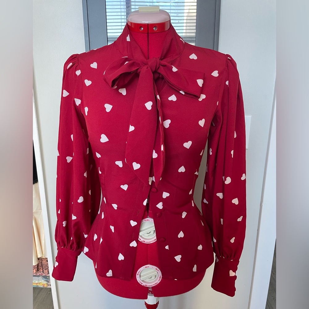 Unique Vintage red with heart button-up blouse